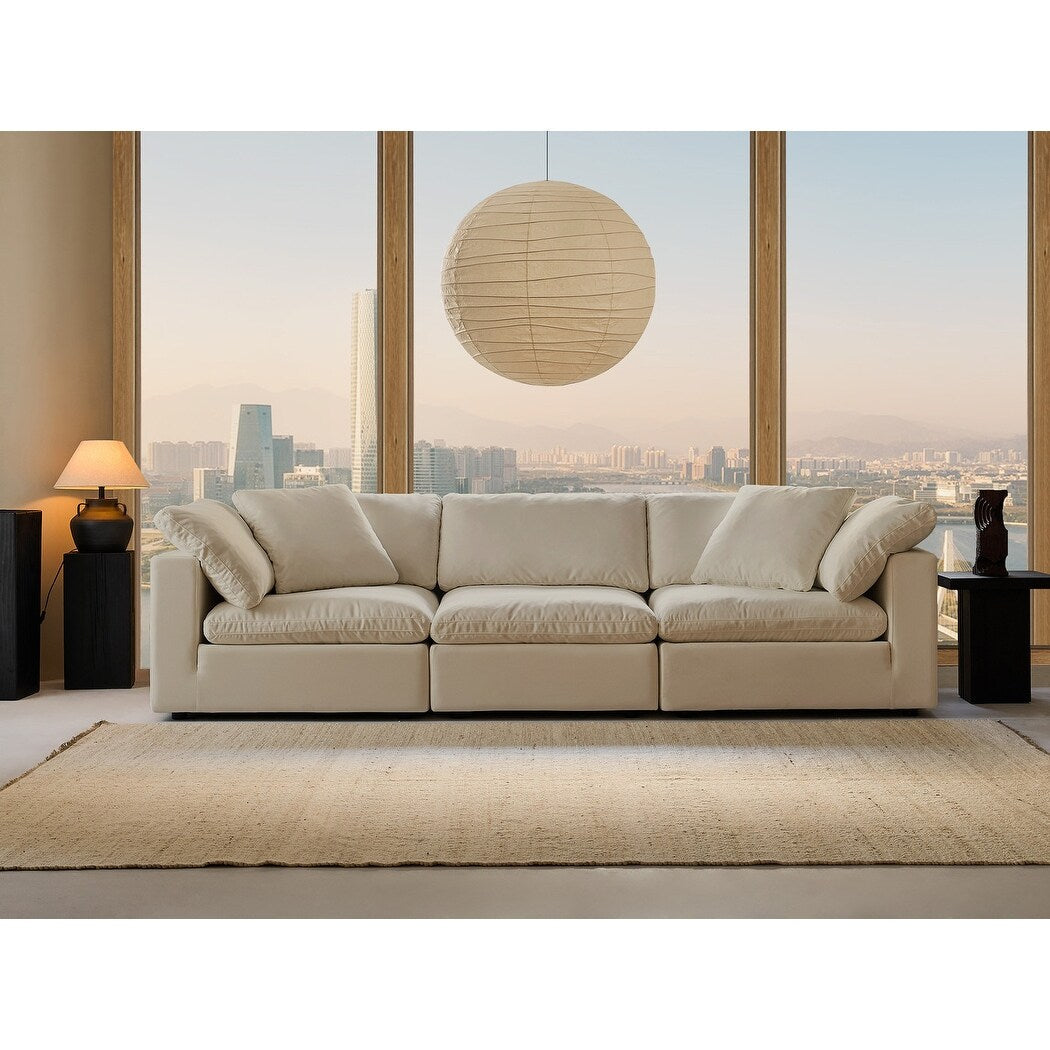 Divano componibile rettangolare in tessuto di lino con braccioli quadrati, divano combinato in lino beige