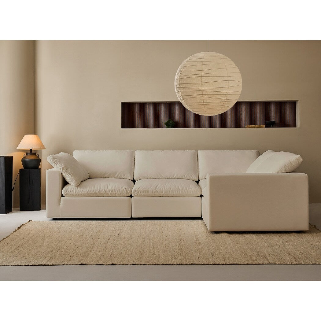 Divano componibile rettangolare in tessuto di lino con braccioli quadrati, divano combinato in lino beige