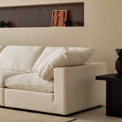 Divano componibile rettangolare in tessuto di lino con braccioli quadrati, combinazione divano bianco perla