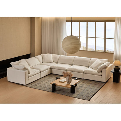 Divano componibile rettangolare in tessuto di lino con braccioli quadrati, combinazione divano bianco perla