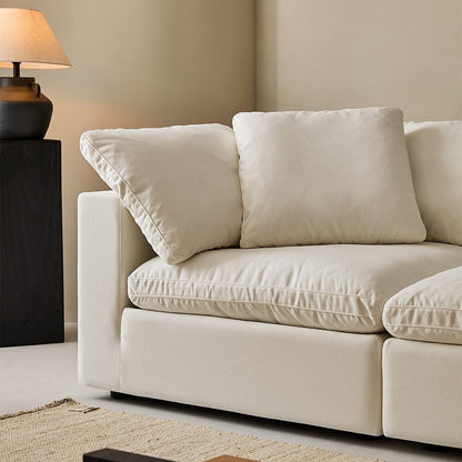 Divano componibile rettangolare in tessuto di lino con braccioli quadrati, combinazione divano bianco perla