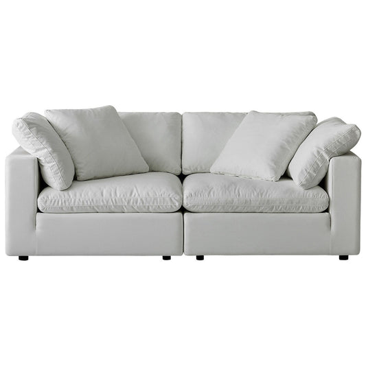 Divano componibile rettangolare in tessuto di lino con braccioli quadrati, combinazione divano bianco perla