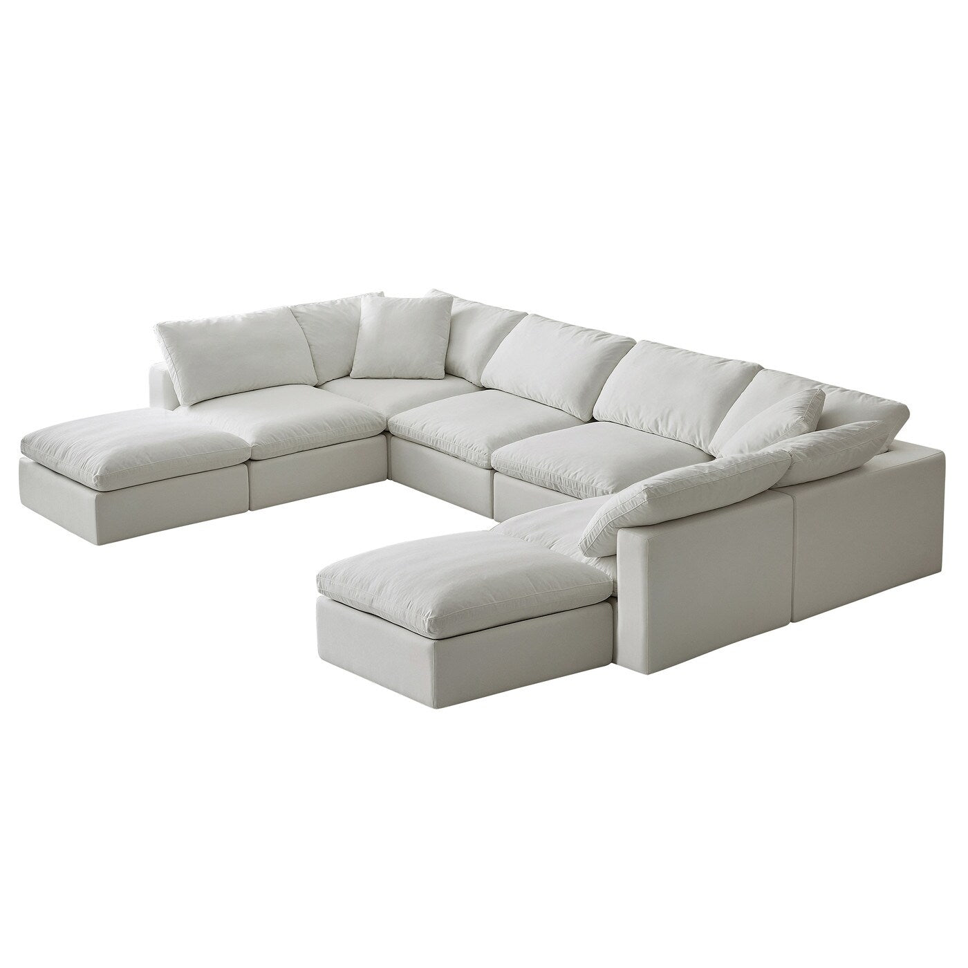 Divano componibile rettangolare in tessuto di lino con braccioli quadrati, combinazione divano bianco perla