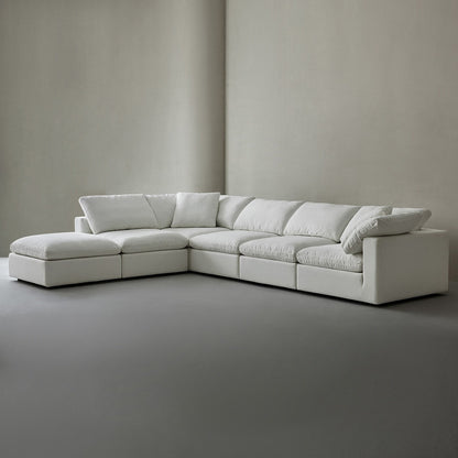 Divano componibile rettangolare in tessuto di lino con braccioli quadrati, combinazione divano bianco perla