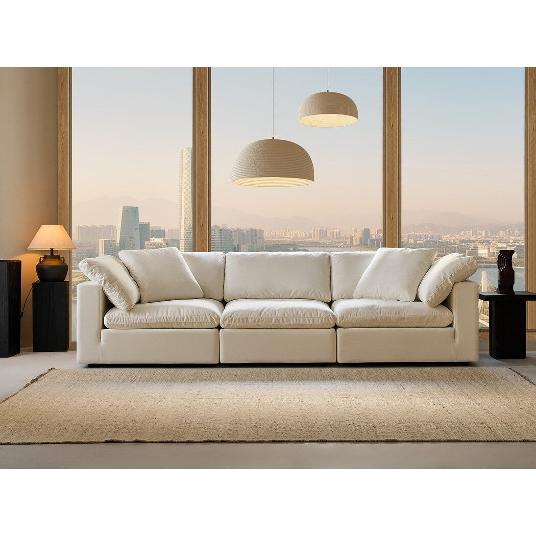 Divano componibile rettangolare in tessuto di lino con braccioli quadrati, combinazione divano bianco perla