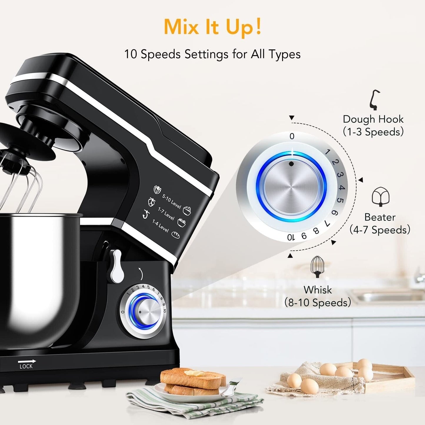 Impastatrice planetaria - Capacità 7,5 QT, 10 impostazioni di velocità, motore da 660 W