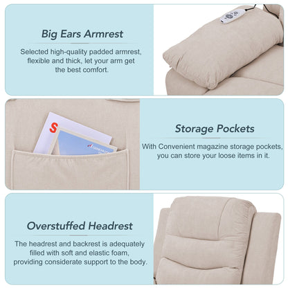 Poltrona reclinabile elettrica in lino di dimensioni standard con massaggio, riscaldamento e tasca portaoggetti laterale