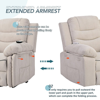 Poltrona reclinabile elettrica in lino di dimensioni standard con massaggio, riscaldamento e tasca portaoggetti laterale