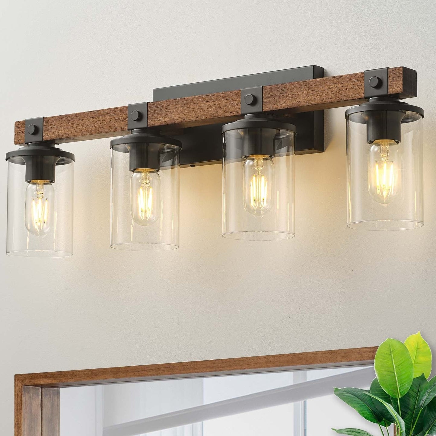 Lampada da toeletta da bagno Starsky in vetro dimmerabile, stile fattoria moderna, a 2/3/4 luci, con paralume cilindrico trasparente