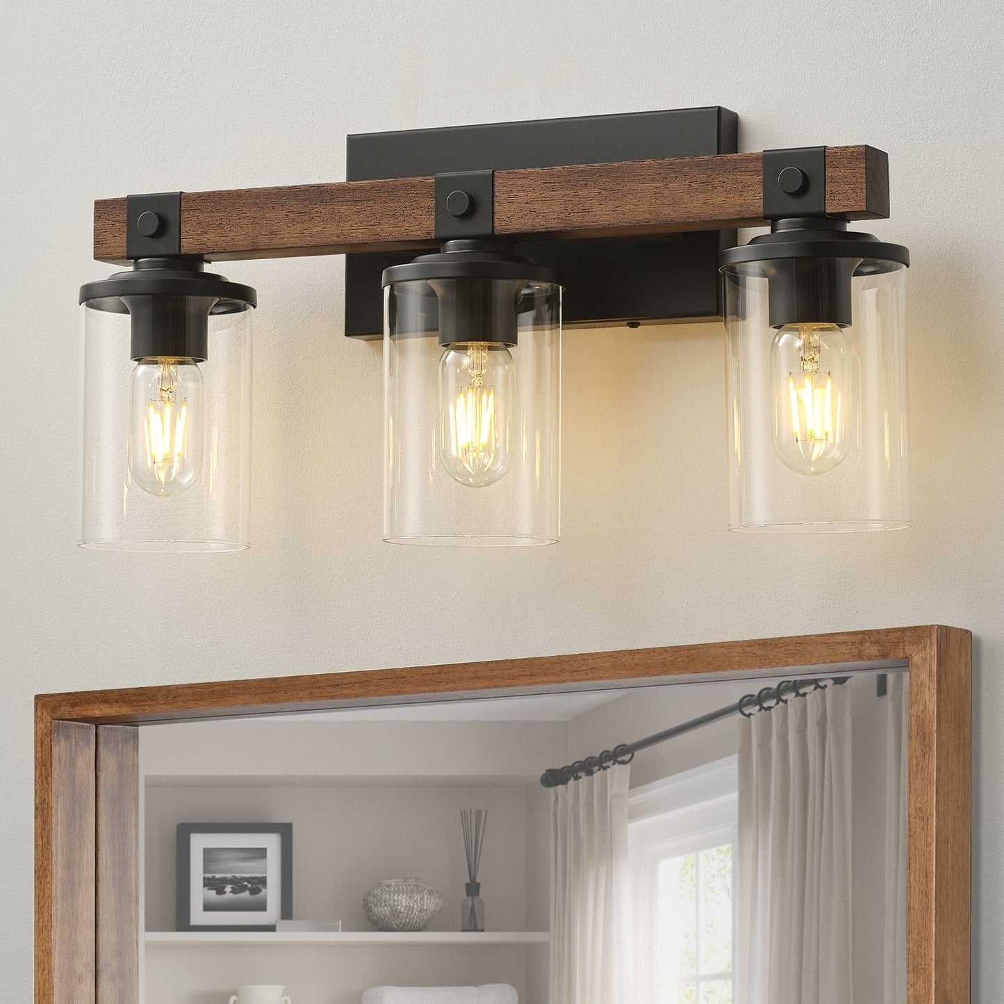 Lampada da toeletta da bagno Starsky in vetro dimmerabile, stile fattoria moderna, a 2/3/4 luci, con paralume cilindrico trasparente