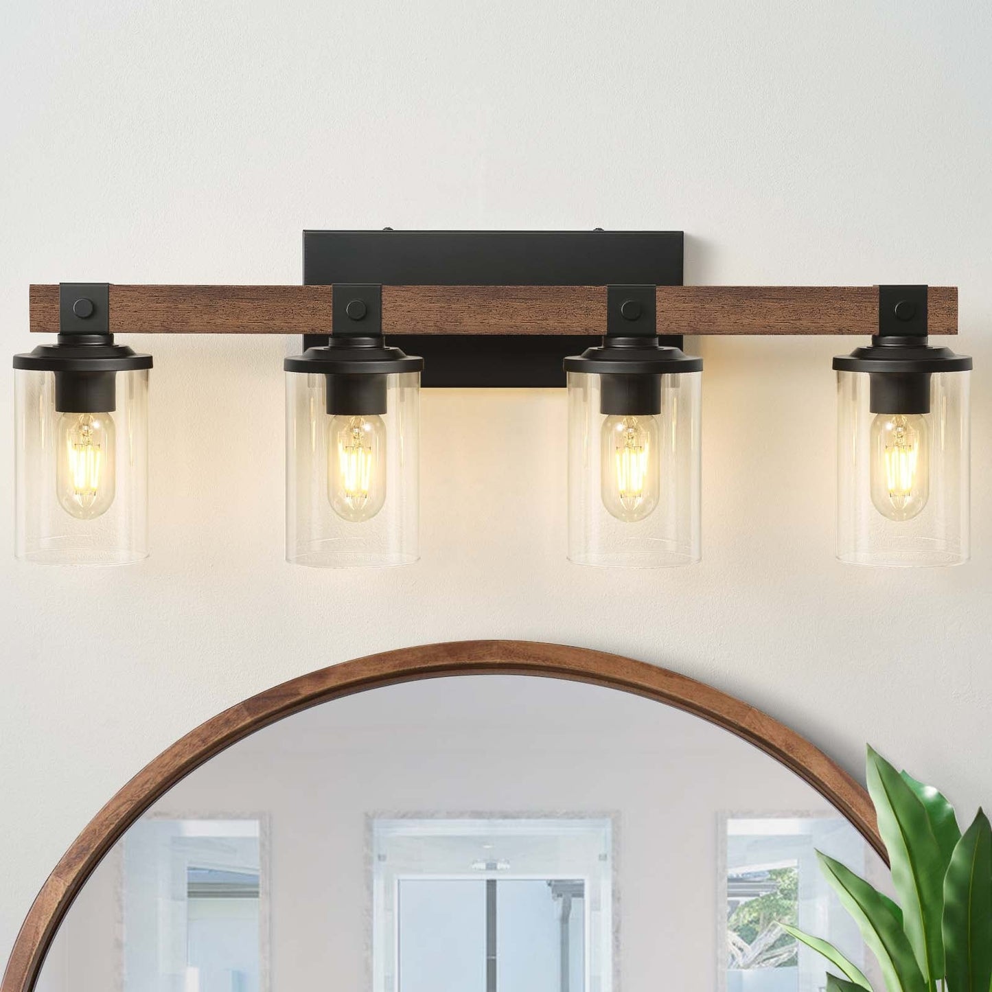 Lampada da toeletta da bagno Starsky in vetro dimmerabile, stile fattoria moderna, a 2/3/4 luci, con paralume cilindrico trasparente