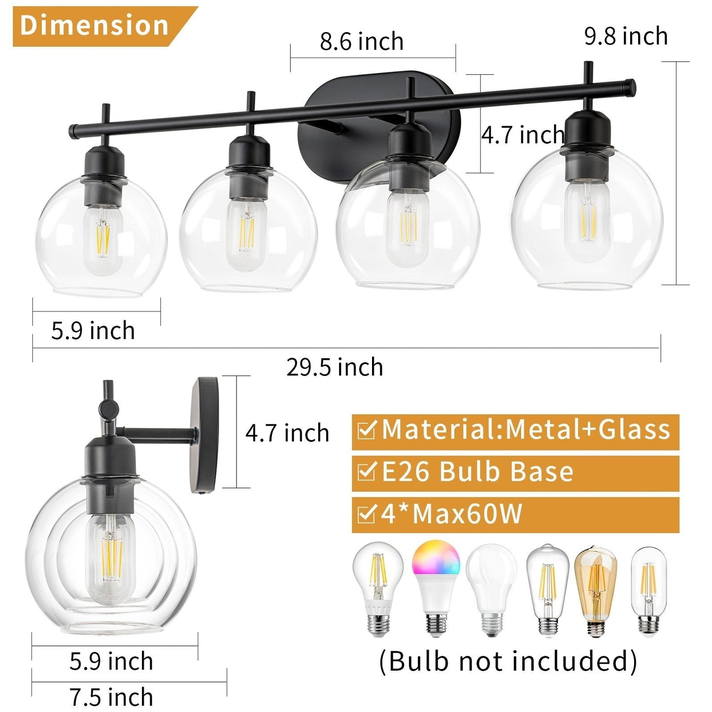 Lampada da bagno moderna dimmerabile Starsky a 4 luci con paralume in vetro a globo