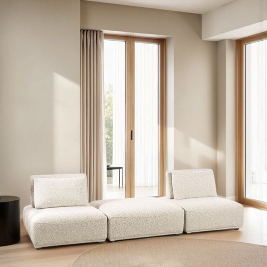 Divano modulare Stavan a 2 posti, pouf beige bouclé, profondità seduta regolabile