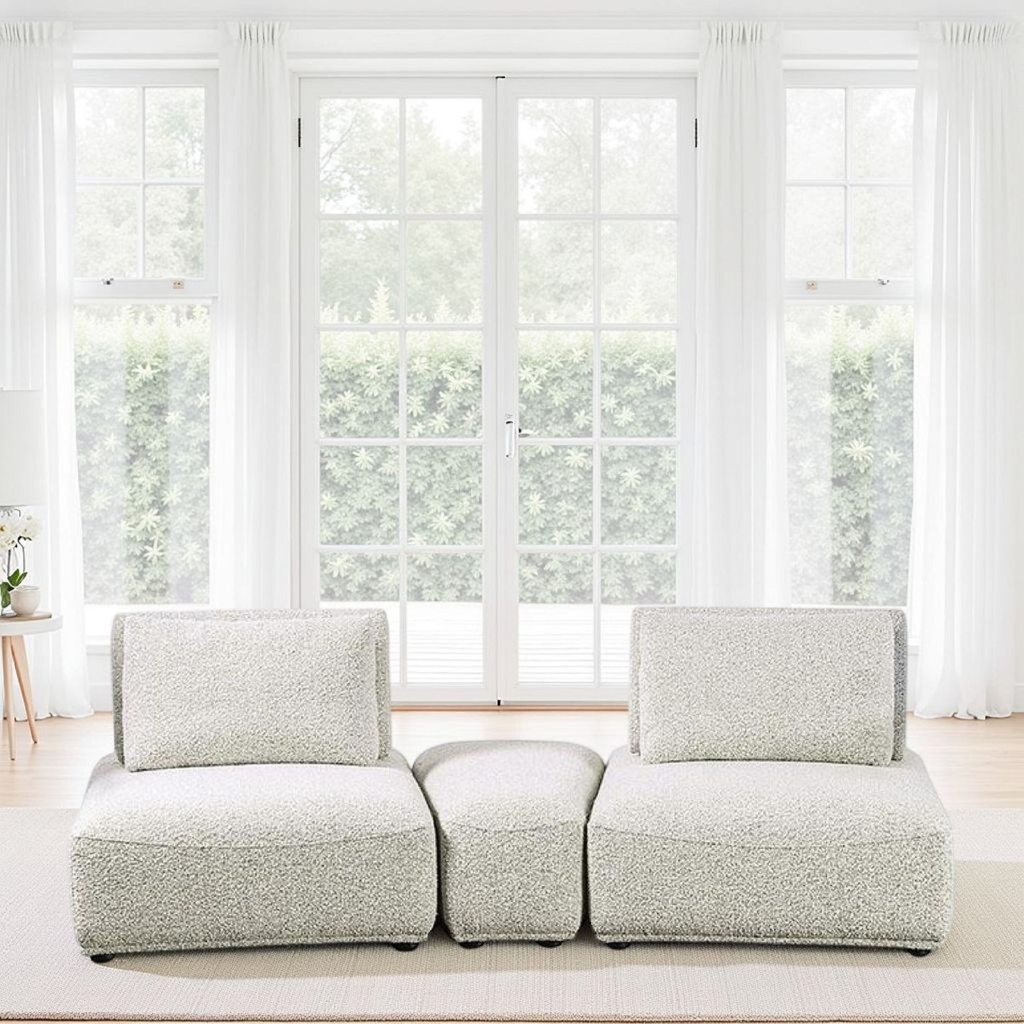 Divano curvo modulare Stavan a 2 posti, poggiapiedi grigio bouclé con schienale regolabile