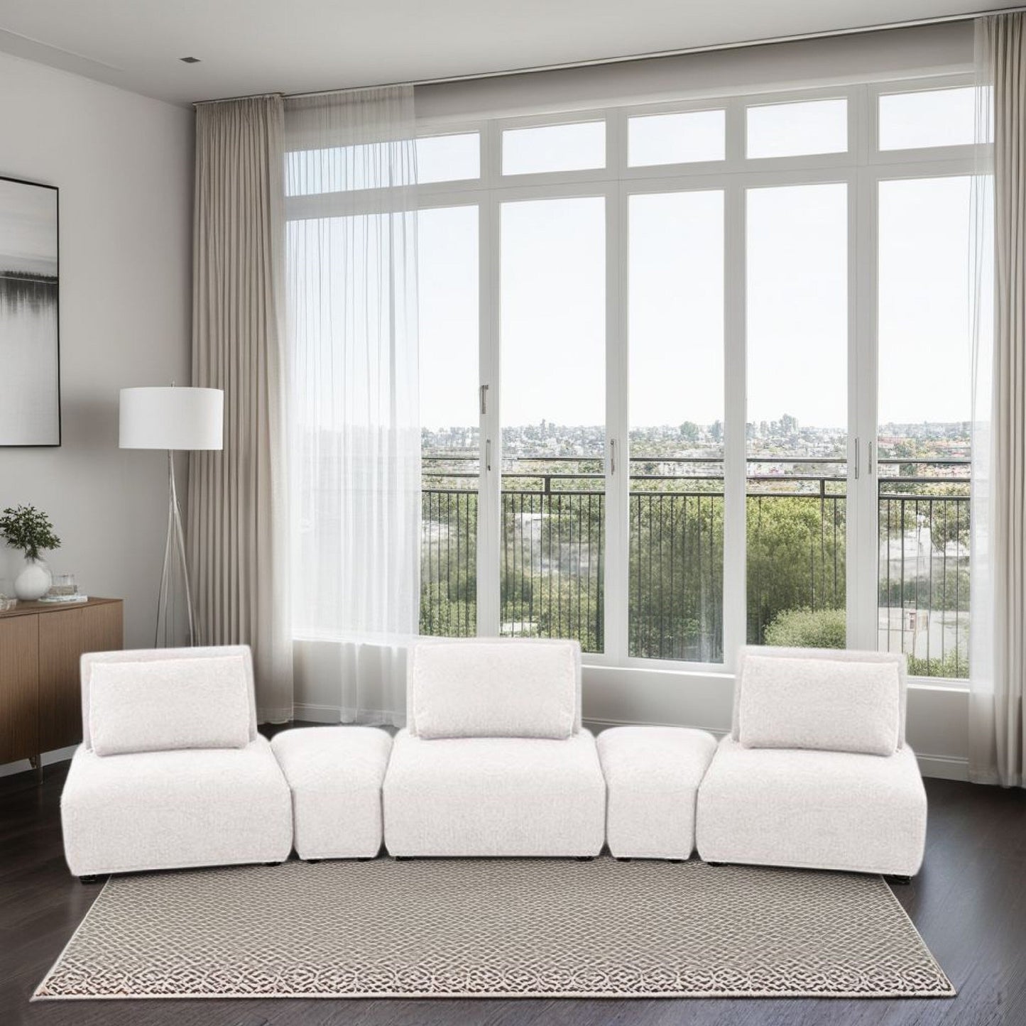 Divano modulare curvo Stavan a 3 posti, bianco bouclé, schienali regolabili