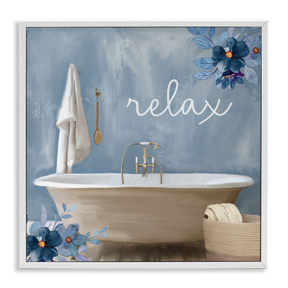 Stupell Blue Floral Relax Bathroom Scene Framed Giclée Textured Wall Art, Design di Kim Allen