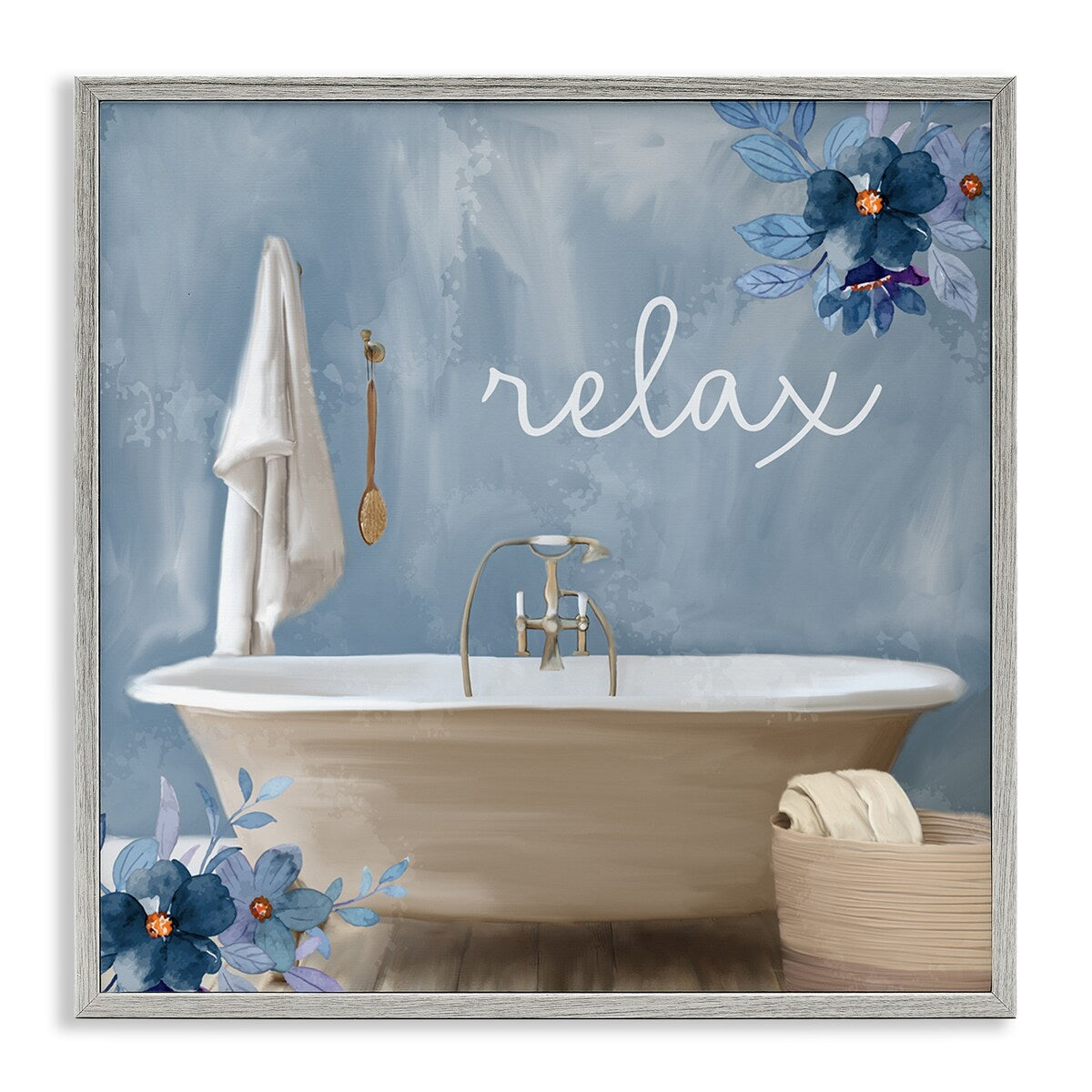Stupell Blue Floral Relax Bathroom Scene Framed Giclée Textured Wall Art, Design di Kim Allen