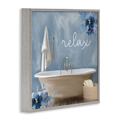 Stupell Blue Floral Relax Bathroom Scene Framed Giclée Textured Wall Art, Design di Kim Allen