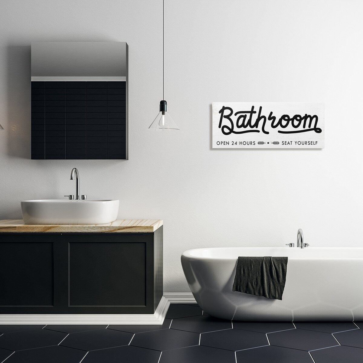 Stupell Seat Yourself, cartello da bagno minimalista, arte murale su tela bianca e nera