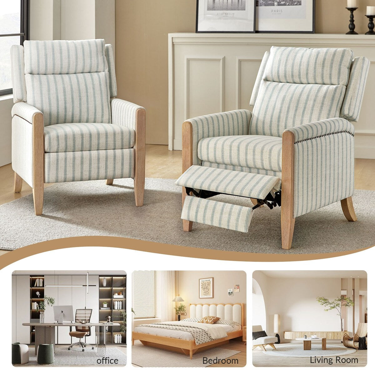 Poltrona reclinabile manuale Suares Transitional Nailhead con gambe in legno massello, set da 2 di HULALA HOME