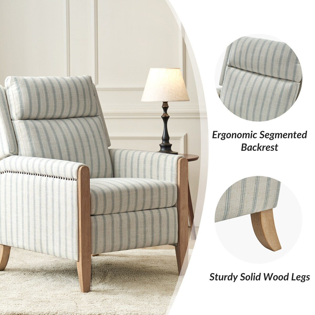 Poltrona reclinabile manuale Suares Transitional Nailhead con gambe in legno massello, set da 2 di HULALA HOME