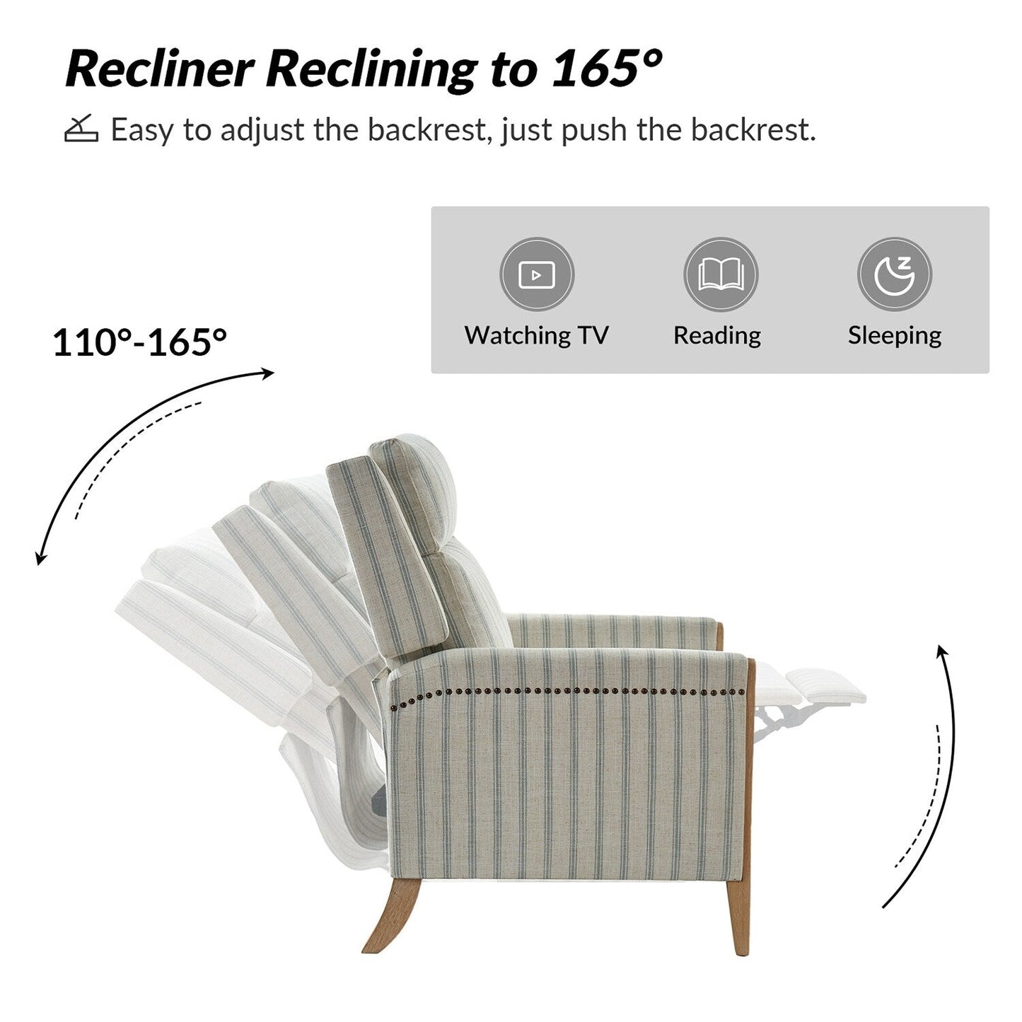 Poltrona reclinabile manuale Suares Transitional Nailhead con gambe in legno massello di HULALA HOME