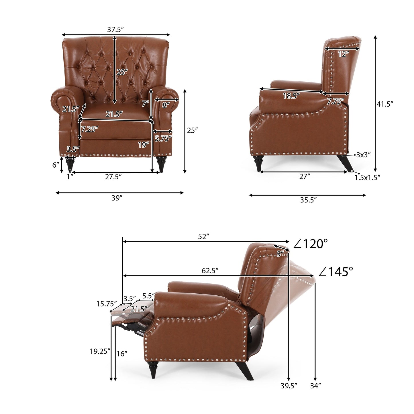 Poltrona reclinabile Sunapee in tessuto e legno di gomma con finiture a borchie di Christopher Knight Home