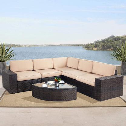 Set di divani componibili in rattan marrone da 6 pezzi Suncrown per esterni con tavolo