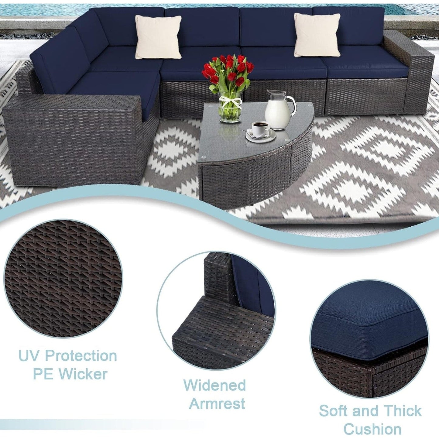 Set di divani componibili in rattan marrone da 6 pezzi Suncrown per esterni con tavolo