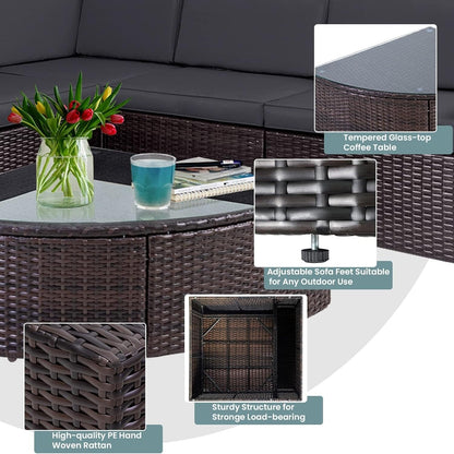 Set di divani componibili in rattan marrone da 6 pezzi Suncrown per esterni con tavolo