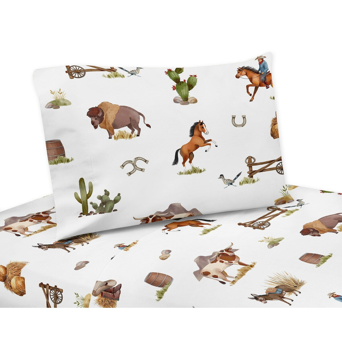 Sweet Jojo Designs Western Cowboy Boy Set di lenzuola per letto matrimoniale da 4 pezzi con motivo Wild West Southern Charm Country South Horse Steer Cow Farm Animal