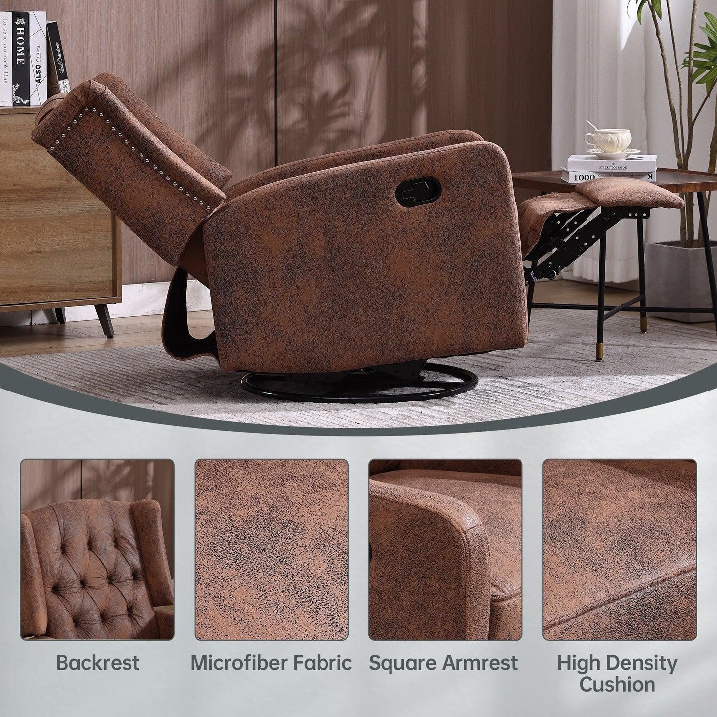 Poltrona reclinabile girevole a dondolo con rotazione a 360° e reclinazione regolabile