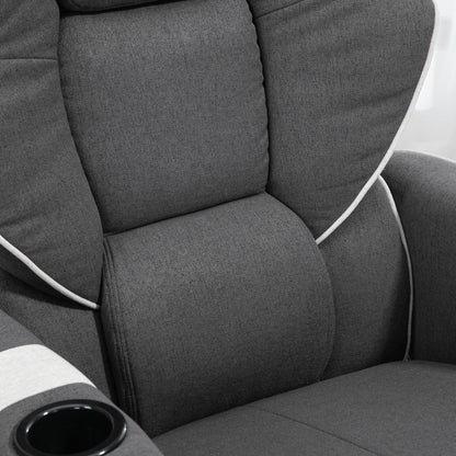 Poltrona reclinabile girevole con rivestimento in lino, poltrona lounge manuale con poggiapiedi e doppio portabicchieri per soggiorno