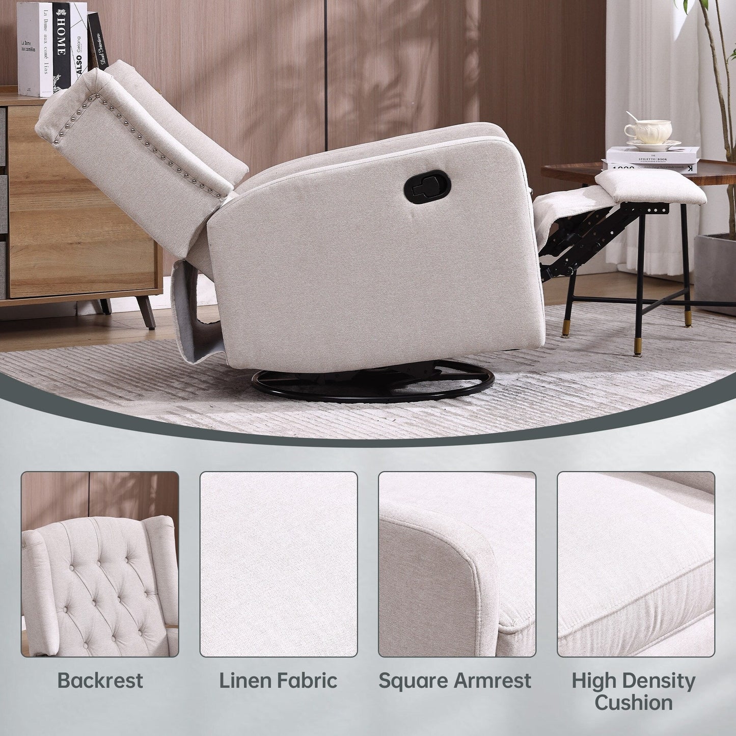 Poltrona reclinabile girevole con poggiapiedi, movimento scorrevole e design ergonomico