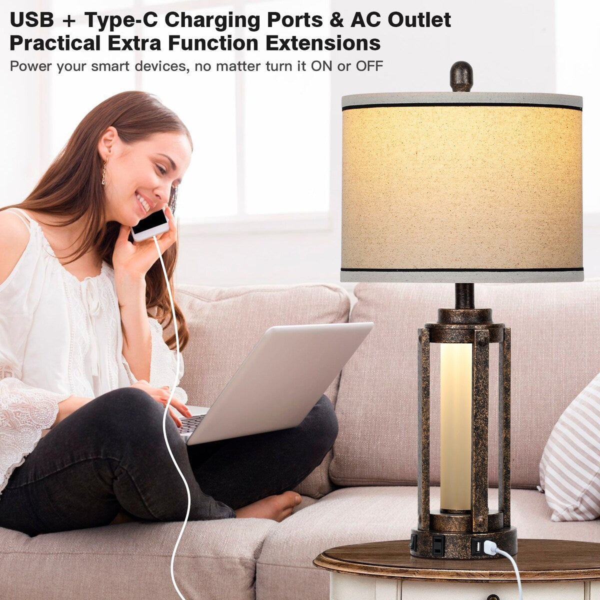 Lampade da tavolo in metallo nero oro vetro opaco cilindro romano luce notturna 2 in 1 (set di 2) - 12'' x 12'' x 25'' (L x P x A)