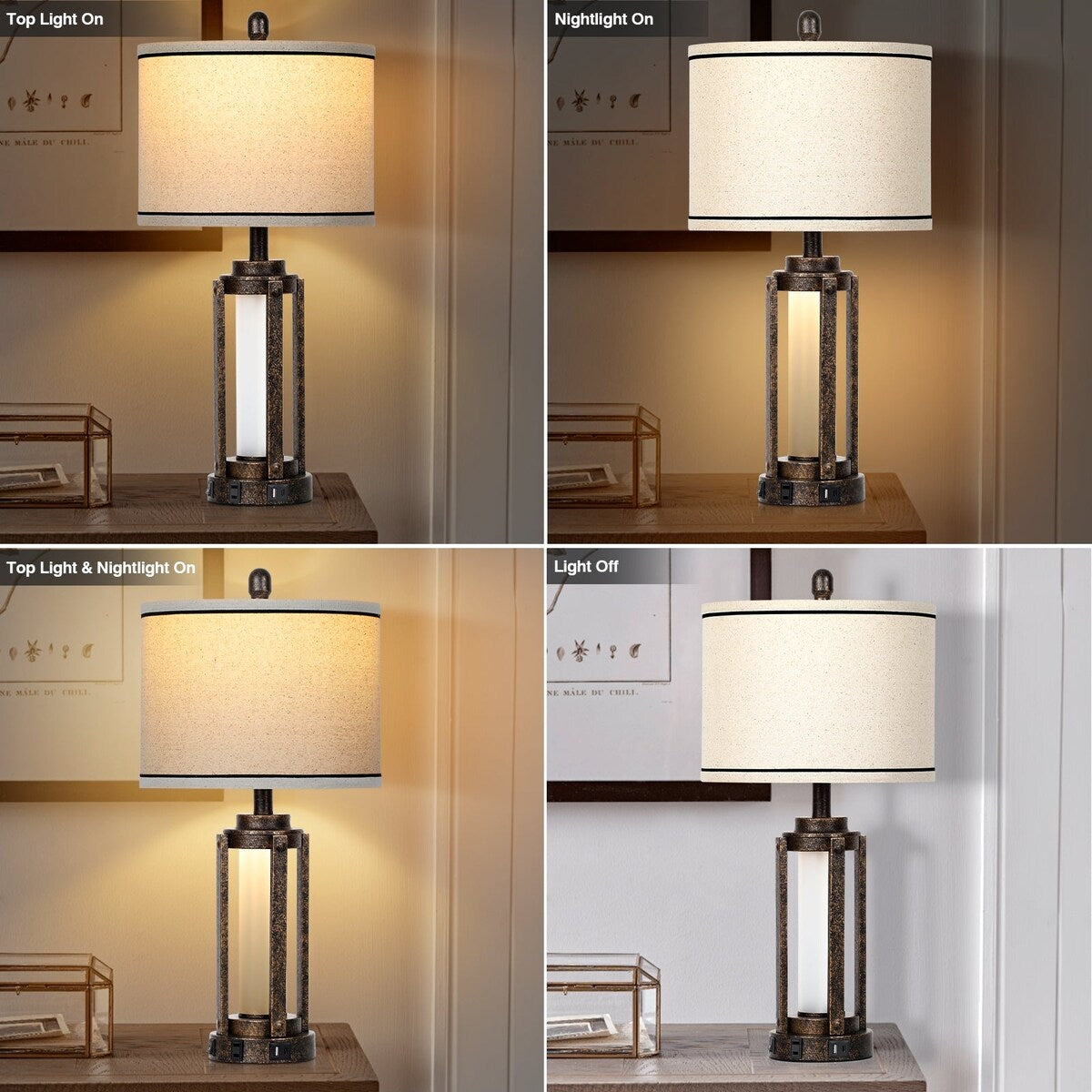 Lampade da tavolo in metallo nero oro vetro opaco cilindro romano luce notturna 2 in 1 (set di 2) - 12'' x 12'' x 25'' (L x P x A)