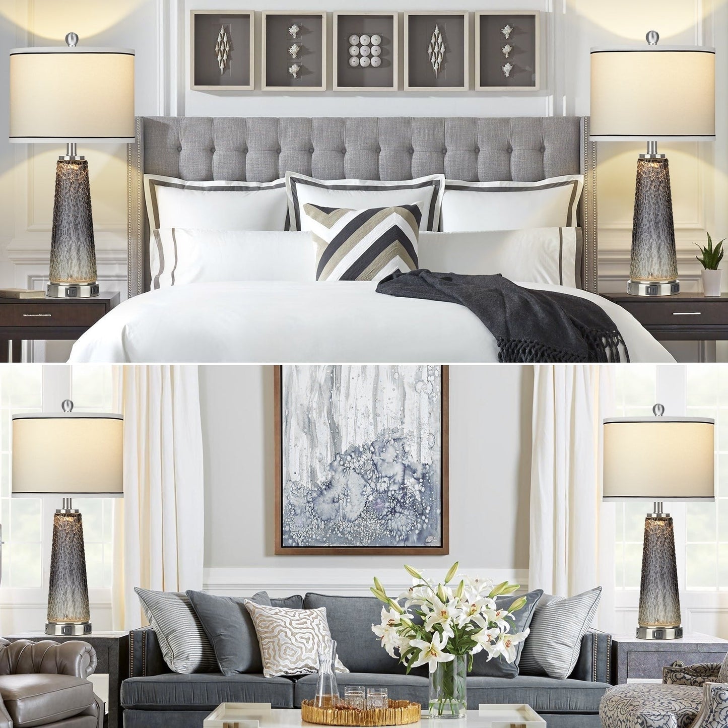 Lampada da tavolo, luce notturna 2 in 1, vetro grigio, porte di ricarica, interruttore touch a 2 vie (set da 2) - 12'' x 12'' x 26'' (L x P x A)