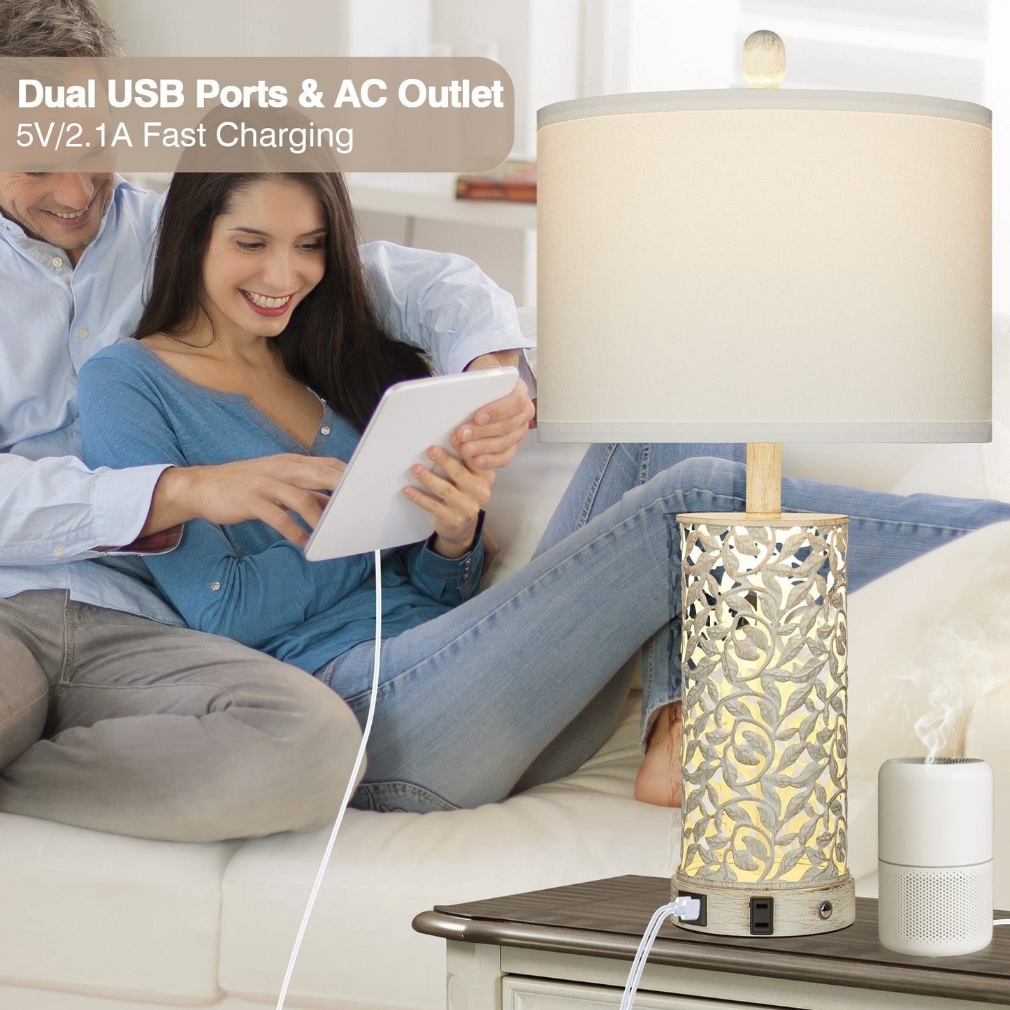 Lampada da tavolo, luce notturna 2 in 1, bianca, con porte USB in metallo dorato, presa CA, interruttore touch (set da 2)