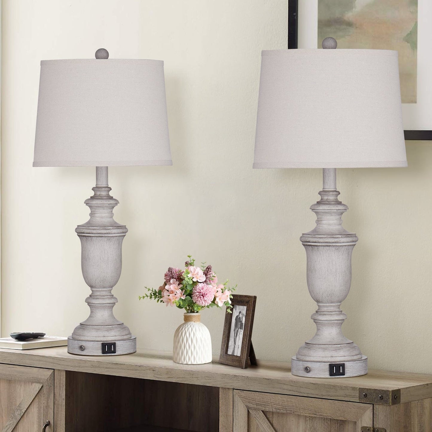 Lampade da tavolo in resina bianca, porte di ricarica USB, interruttore touch a 3 vie (set da 2) - 12,5'' x 12,5'' x 25,6'' (L x P x A)