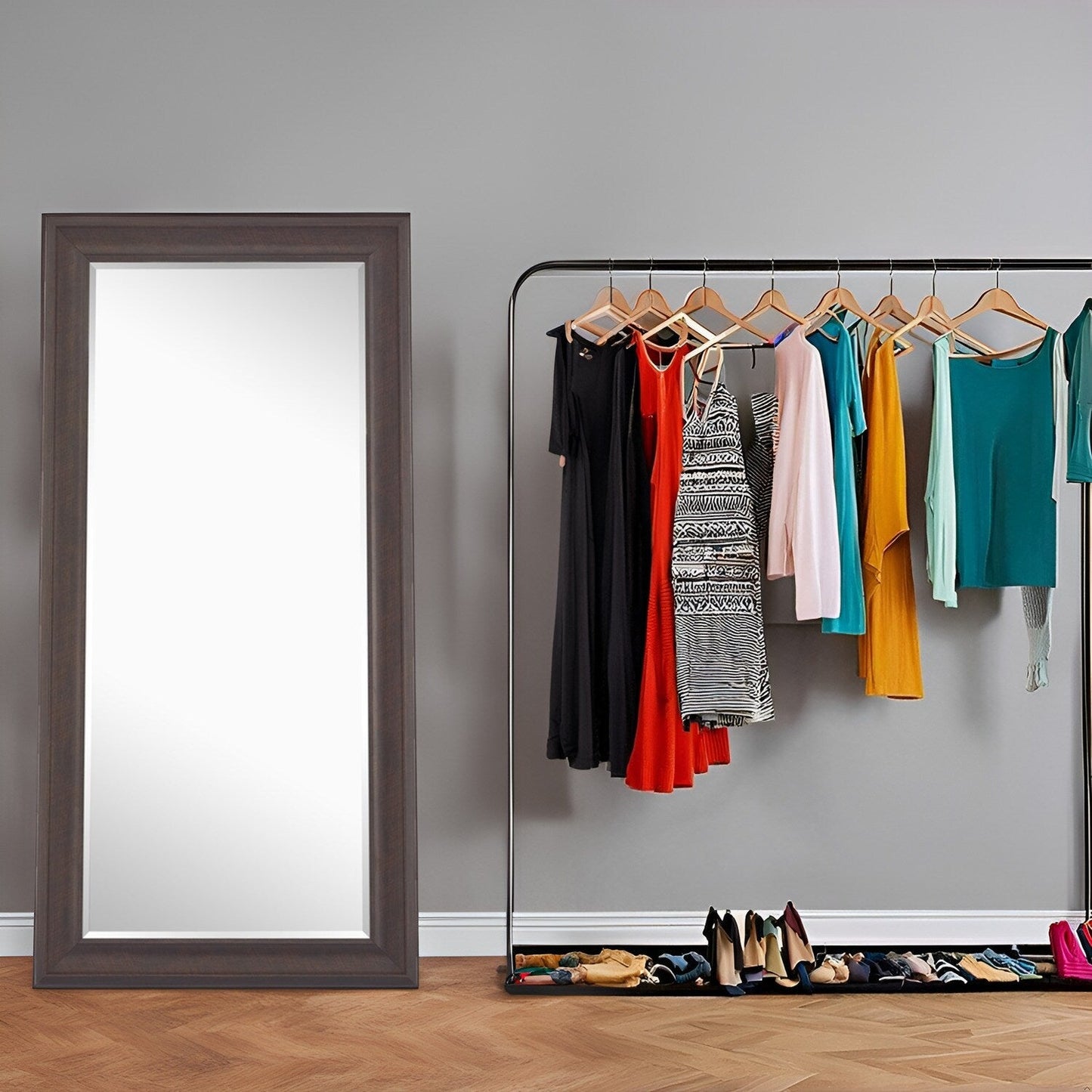 Specchio alto, specchio a figura intera, specchio di grandi dimensioni, cornice liscia in finto legno, specchio rettangolare da parete