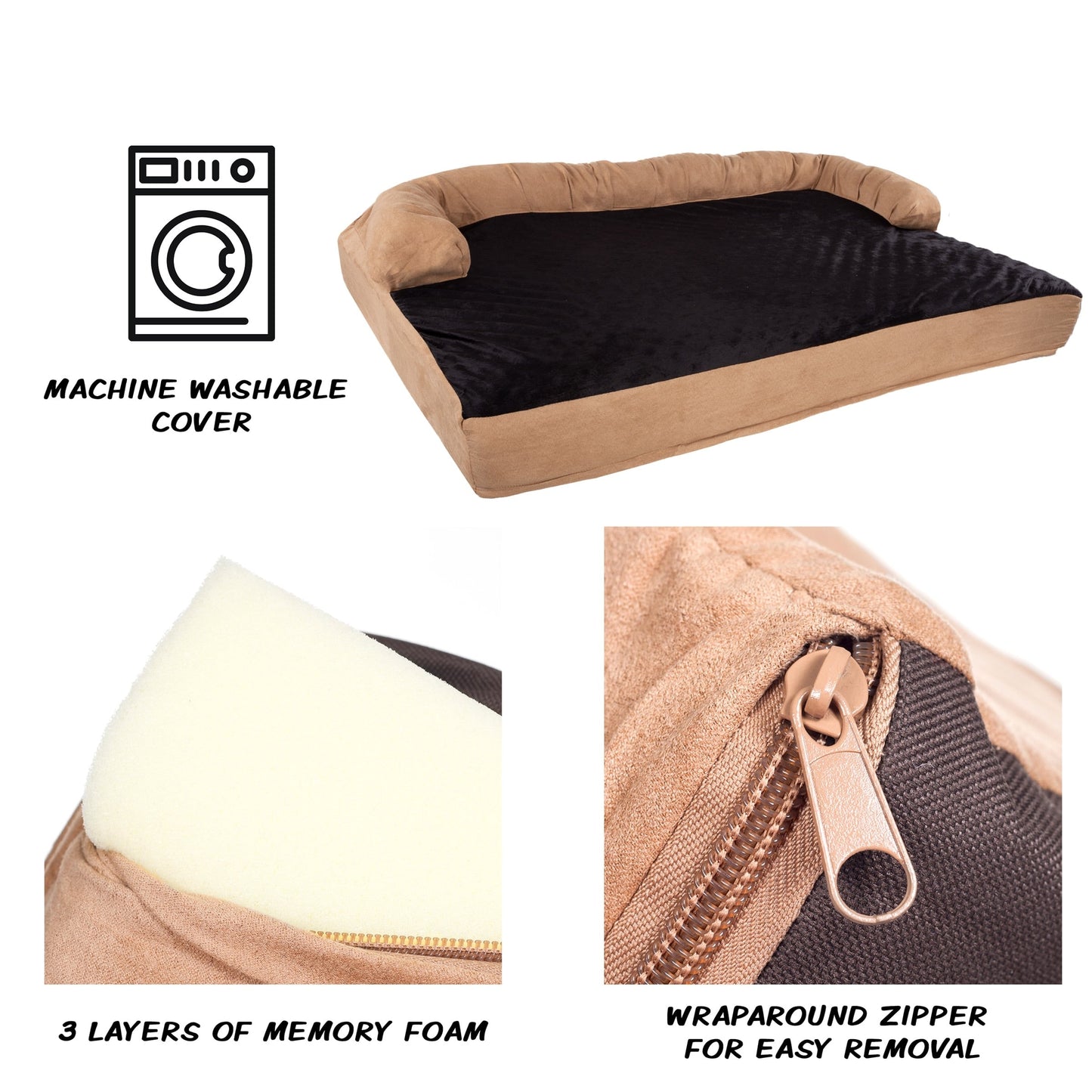Cuccia per animali domestici color marrone chiaro/nero - Divano ortopedico per cani a 3 strati con gel rinfrescante, memory foam e supporto per il collo