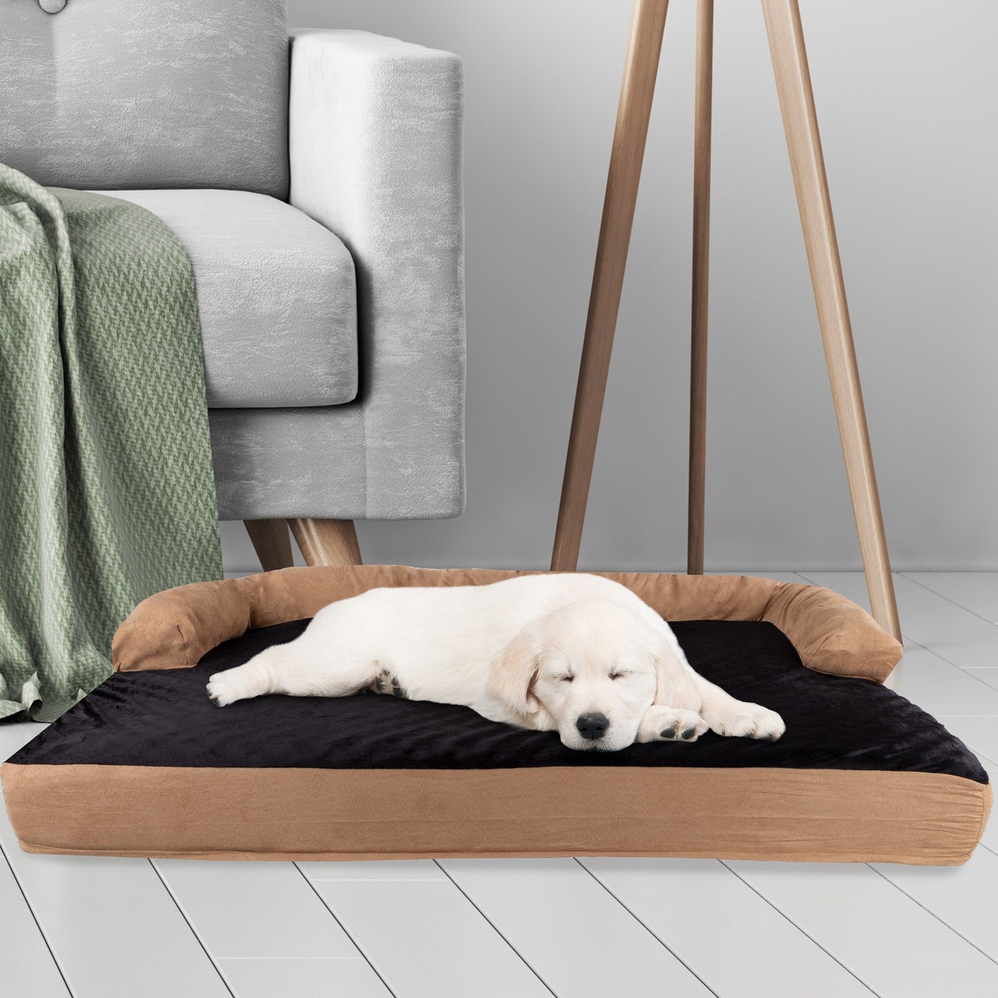 Cuccia per animali domestici color marrone chiaro/nero - Divano ortopedico per cani a 3 strati con gel rinfrescante, memory foam e supporto per il collo