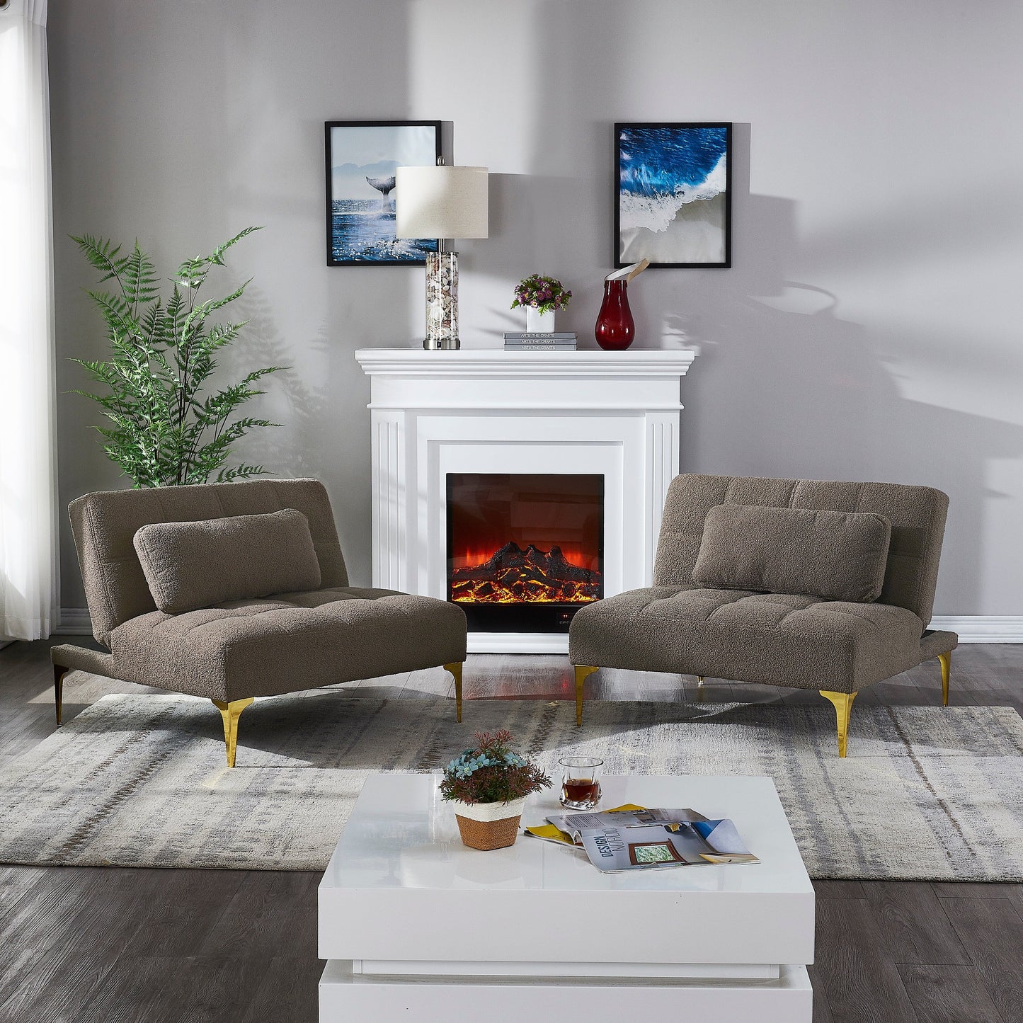 Divano letto modulare in ciniglia color tortora con struttura in legno