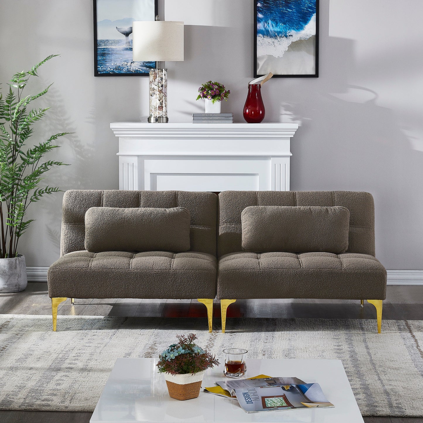 Divano letto modulare in ciniglia color tortora con struttura in legno