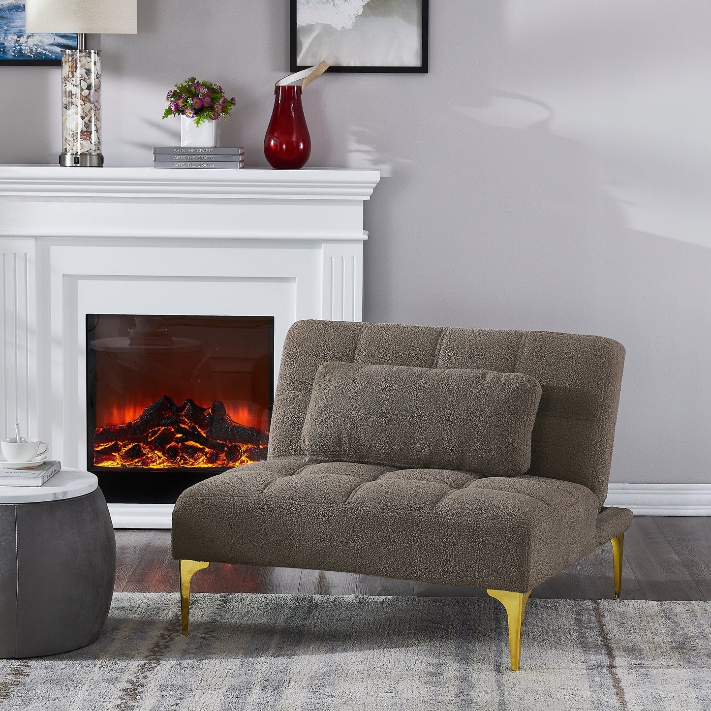 Divano letto singolo modulare in ciniglia color tortora con struttura in legno massello per soggiorno