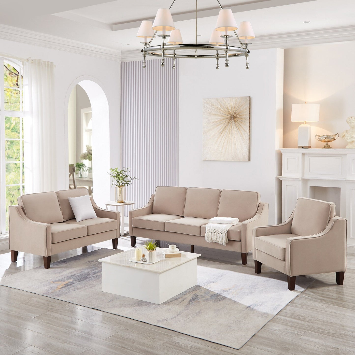 Divano a 3 posti in velluto color tortora con bracciolo curvo