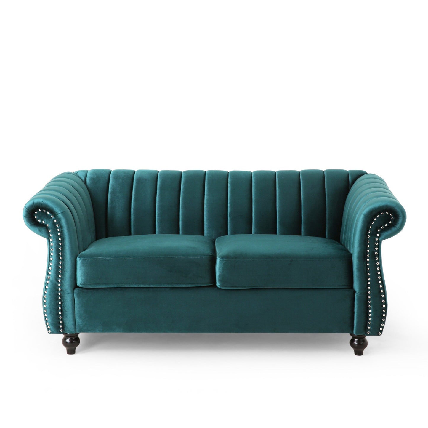 Divano a due posti Chesterfield color verde acqua con borchie e gambe in legno di betulla