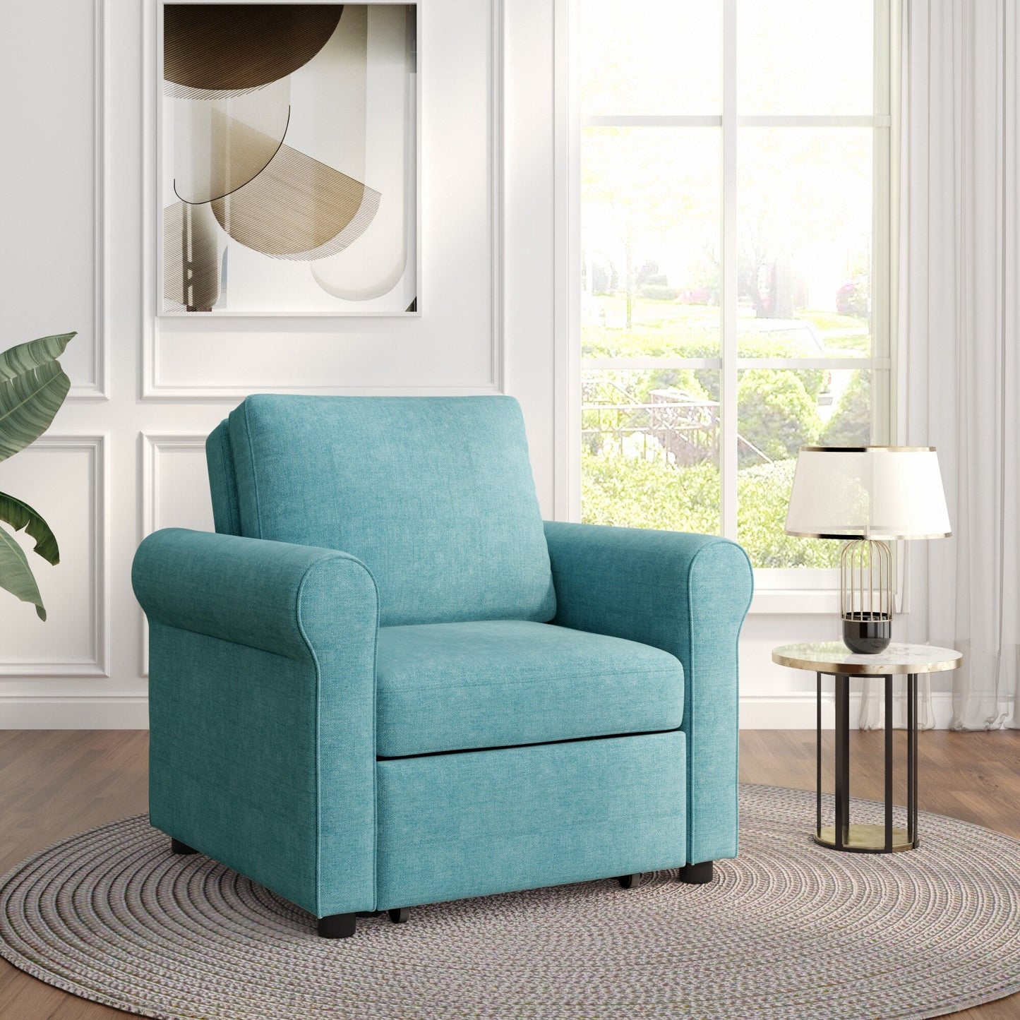 Divano letto singolo convertibile 3 in 1 in lino Teal Modern 34 con schienale regolabile per soggiorno