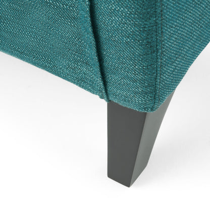 Poltrona reclinabile moderna con schienale reclinabile, imbottita in tessuto verde acqua, poggiapiedi, dettagli con borchie, gambe in legno di betulla