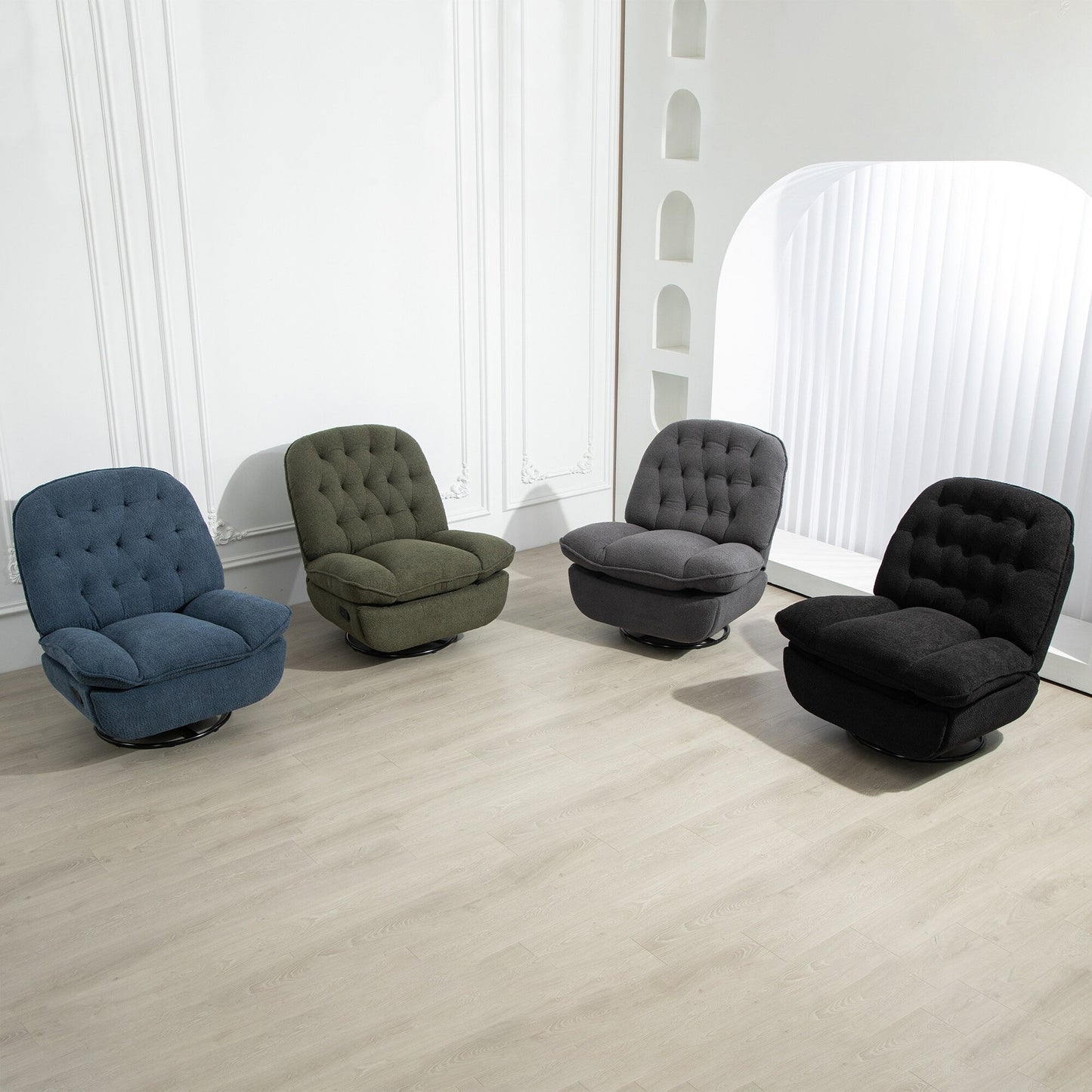 Poltrona reclinabile manuale girevole a 360° con poggiapiedi esteso e schienale imbottito in ciniglia color verde acqua